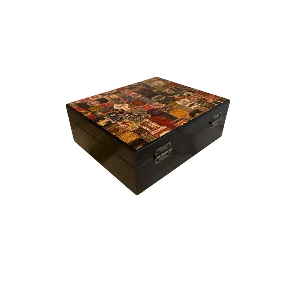 Vintage Wooden Decorative Box With Colorful Label Collage‎ Design
